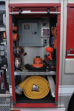 The pump operator’s compartment on the Sutphen quint also contains the main electrical panel.