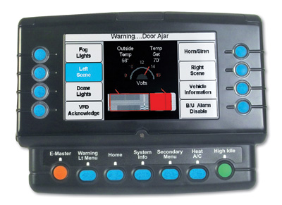 (3) Weldon, an Akron Brass division, makes the V-MUX Vista IV control interface, shown here in a display that can be mounted in a vehicle cab, to control lighting, sirens, and other vehicle functions.