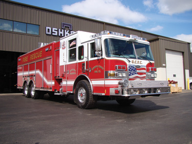 (1) The Gordons Corners (NJ) Fire Co. No. 1., of the Manalapan (NJ) Fire District No. 1, turned to Pierce Manufacturing for this walk- around rescue with a crew cab walk-in area behind the driver's compartment.