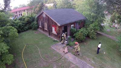 2 The Decatur (GA) Fire Department trains on house fire entry procedures as seen from a UAV. (Photo courtesy of Atlanta Drone Consultants