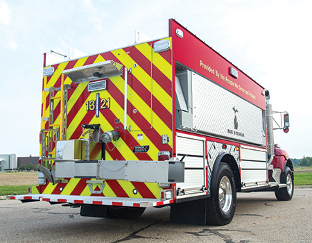 8 Ashland-Grant (MI) Fire District had Spencer Manufacturing put a 10-inch square dump valve with an extension that rotates 180 degrees on the rear of its new tanker. (Photo courtesy of Spencer Manufacturing.) 