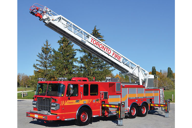 10 One of four Smeal 105-foot heavy-duty quints recently delivered to Toronto Fire Services. It features a Waterous 2,250-gpm, 500-gallon tank, and the Green Power system. 