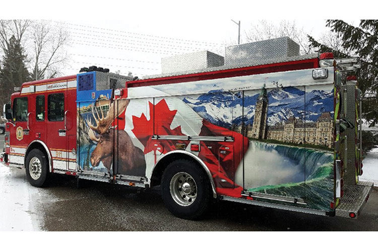 12 The Markham (Ontario) Fire and Emergency Services Green Power-equipped 2016 Smeal custom pumper. Built on a Spartan Metro Star chassis, this truck features a 500-gallon water tank and a Hale Qmax 2,250-gpm pump. The custom graphics recognize the history of the department and some of Ontario’s landmarks as part of 2017’s year-long celebration of Canada’s 150th birthday