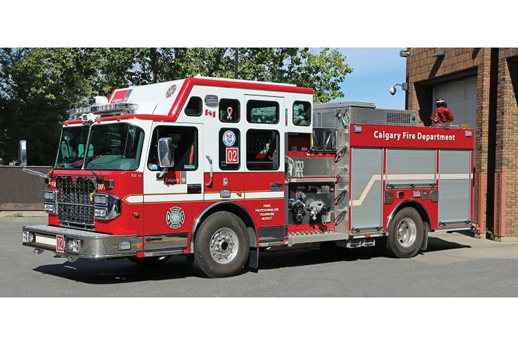 3 One of 16 Smeal pumpers on Spartan Gladiator chassis delivered to Calgary, Canada’s third largest city. It features an enclosed top-mount pump panel, 2,000-gpm Waterous pump, onboard foam system, Akron 3440 DeskMaster electric monitor, and Smeal’s Green Power auxiliary power unit. Calgary’s entire fleet has been supplied by Safetek.