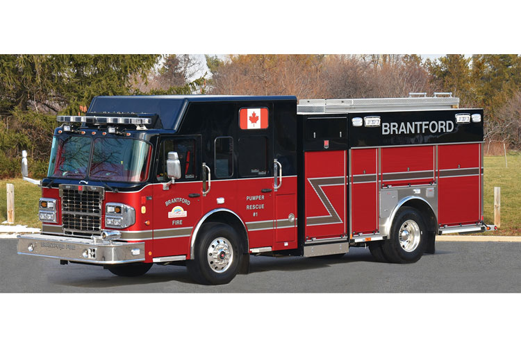 4 In the province of Ontario, the Brantford Fire Department’s Smeal custom rescue-pumper is on a Spartan Metro Star chassis with a 1,750-gpm single-stage pump and a 540-gallon tank. The pump panels are enclosed behind roll-up doors