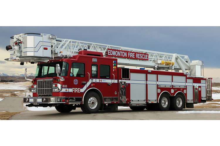 5 One of two Smeal 100-foot rear-mount platforms on Spartan Gladiator chassis delivered to Edmonton Fire Rescue in Alberta. They have Hale Qmax 2,250-gpm pumps, 300-gallon tanks, and dual Class A and Class B foam systems. The pump houses are also protected by roll-up doors. Edmonton is another department whose entire fleet was procured through Safetek. 