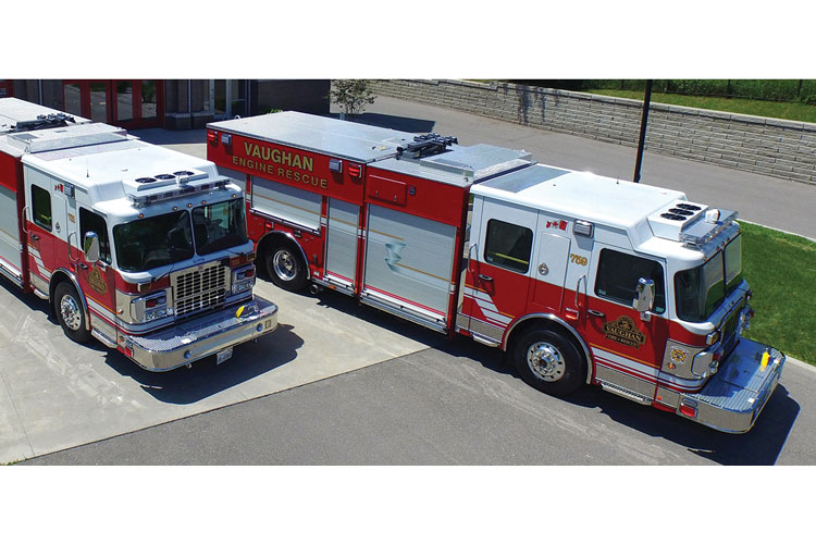 6 Located north of Toronto, Vaughan Fire & Rescue Services runs these two Smeal custom side-mount pumpers on Spartan Metro Star chassis with Waterous CSU 2,250-gpm single-stage pumps, powered treadplate hosebed covers, and the Green Power SG-09 systems