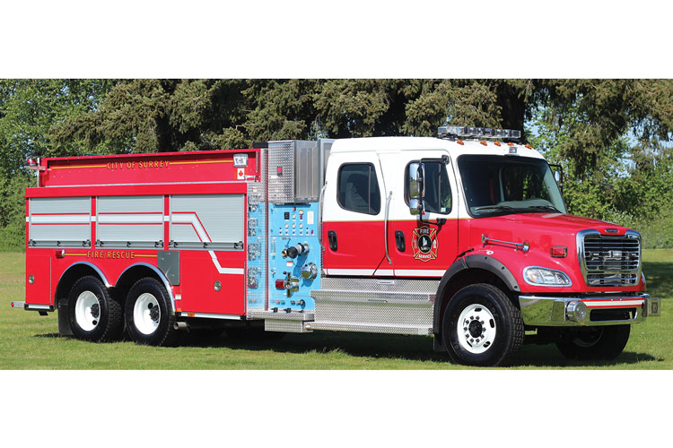 9 One of three Smeal side-mount pumper-tankers Safetek delivered to Surrey Fire Services in British Columbia. Mounted on Freightliner commercial chassis, they feature Darley PSM 1,500-gpm pumps, PuriFire 4S10F Darley water purification systems, and 2,000-gallon booster tanks