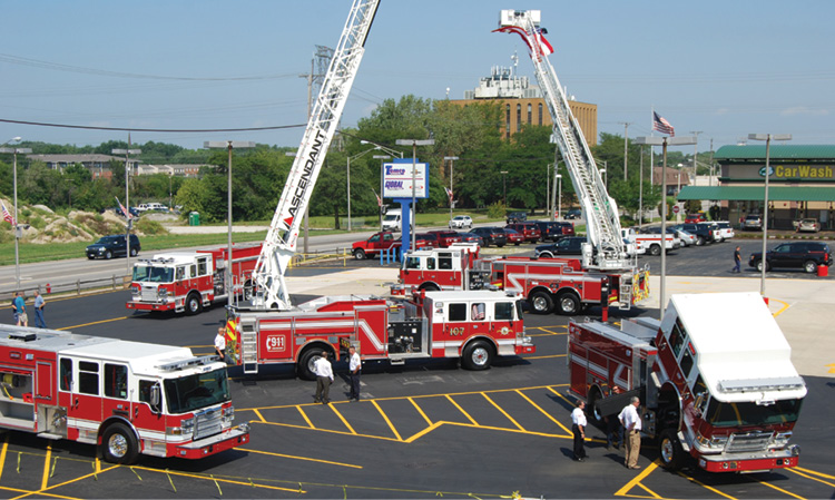 This view shows Global’s staff preparing for an open house introducing the Pierce Ascendant aerial line in 2016.