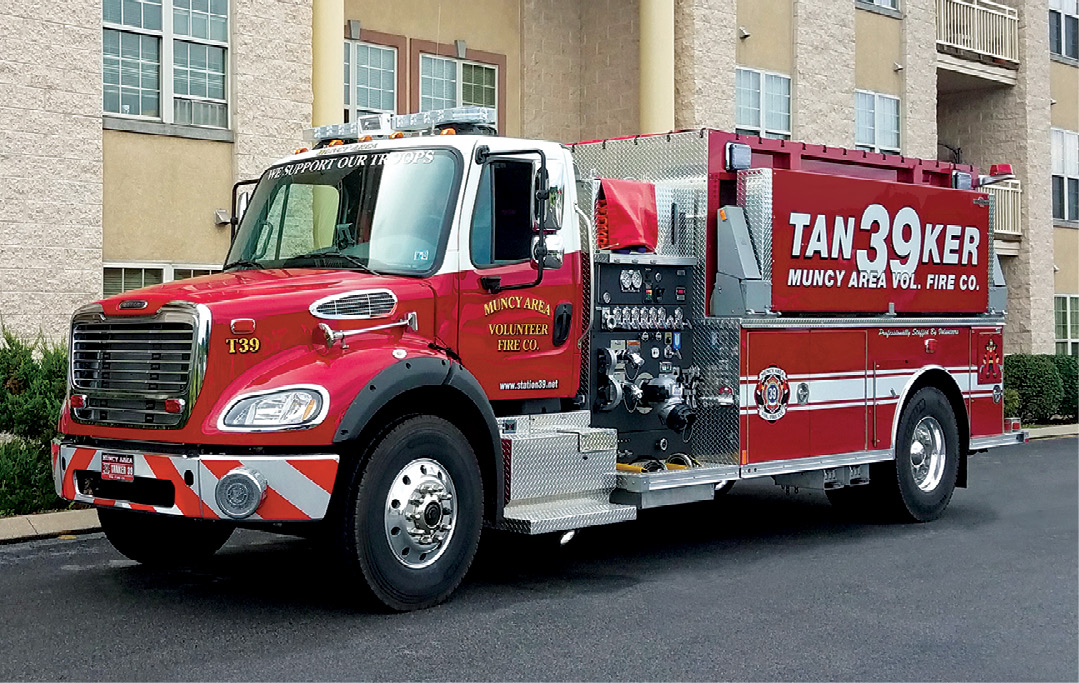 Muncy (PA) Area Volunteer Fire Company tanker. Freightliner M2 cab and chassis; Cummins ISL9 450-hp engine; Waterous CSUC20 1,250-gpm pump; UPF Poly 2,200-gallon tank; Zico power dump tank and suction racks. Dealer: John Smoter, Kaza Fire Equipment, Ebensburg, PA