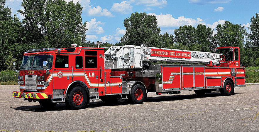 Pierce—Minneapolis (MN) Fire Department tractor drawn aerials (2). Arrow XT cabs and tractors; Detroit DD13 505-hp engines; 100-foot heavy-duty aerial ladders; Harrison 10-kW generators; 204 feet of ground ladders each. Dealer: Macqueen Emergency Equipment, St. Paul, MN.