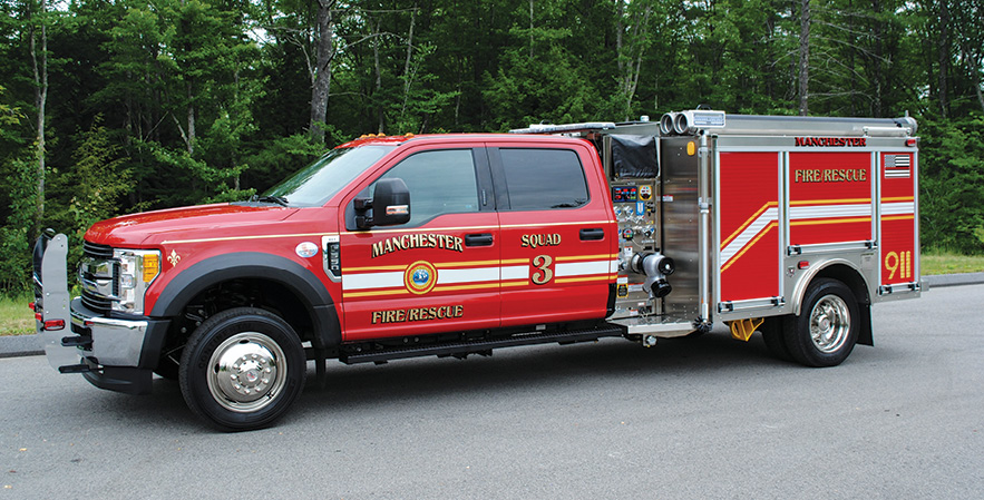 HME/Ahrens-Fox—Manchester By The Sea, MA, mini pumper. Ford F-550 4x4 SD Crew Cab XL and chassis; Power Stroke 6.7L V-8 OHV 330-hp engine; Hale DSD 1,500-gpm pump; UPF Poly 400-gallon tank; 15-gallon foam cell; FRC 2.6 Class A foam system; heavy-duty pullout trays with vertical roll-up compartment doors. Dealer: Glenn Davis, Lakes Region Fire Apparatus, West Ossipee, NH.