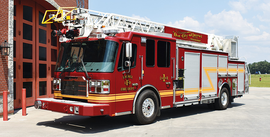 Ferrara—Laurel (MS) Fire Department 77-foot MVP rescue ladder quint. Cinder cab and chassis; Cummins ISL9 450-hp engine; Waterous CSU 1,500-gpm pump; 470-gallon polypropylene tank; 30-gallon foam cell; FoamPro 2001 single-agent foam system; three-section heavy-duty rear-mount aerial ladder; low ground height speedlays. Dealer: Mark Flowers, Ferrara Fire Apparatus, Holden, LA.