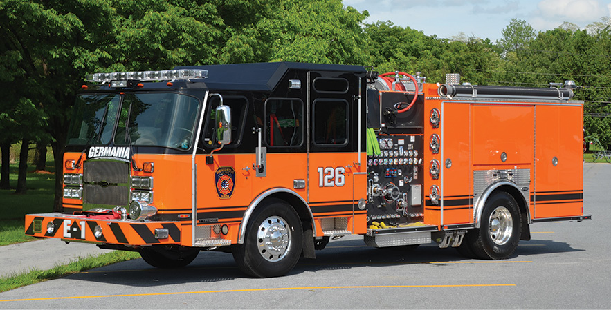 E-ONE—Germania Fire Company, Duryea, PA, pumper. Typhoon cab and chassis; Cummins L9 450-hp engine; Waterous CSU 1,500-gpm pump; UPF Poly 780-gallon tank; Akron 3-inch deck gun. Dealer: Wes Saltz, First Choice Fire Apparatus, Hanover, PA.