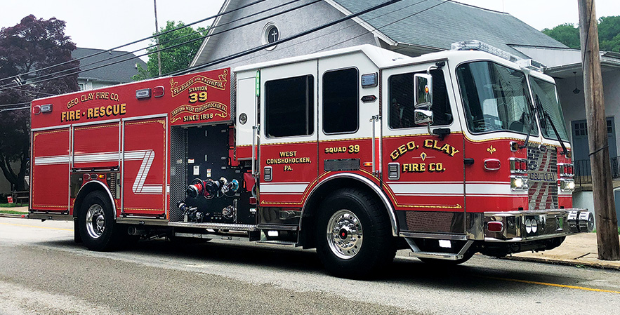 KME—George Clay Fire Company, West Conshohocken, PA, PRO™ rescue-pumper. Severe Service XLFD cab and chassis; TOP rollover protection; Cummins ISX15 600-hp engine; Waterous CMU 2,000-gpm pump; Pro Poly 500-gallon polypropylene tank; full-height/full-depth compartments; Harrison 20-kW generator; Will-Burt vertical FRC Spectra light tower. Dealer: Bob Miller, KME Fire Apparatus, Nesquehoning, PA.