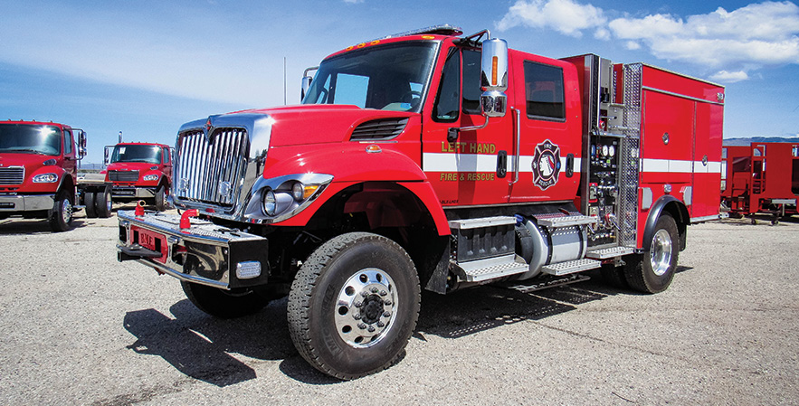 Boise Mobile Equipment (BME)—Lefthand Fire Protection District, Boulder, CO, Model 34 wildland interface unit. International 7400 4-door 4x4 cab and chassis; Cummins ISL9 350-hp engine; Darley JMP 500-gpm pump and Darley 1-1/2 AGE auxiliary pump with Kubota D902 24-hp motor; UPF Poly 500-gallon tank; 20-gallon foam cell; FoamPro 1600 single-agent foam system; full pump-and-roll capabilities. Dealer: Matt Stocker, BME, Boise, ID.