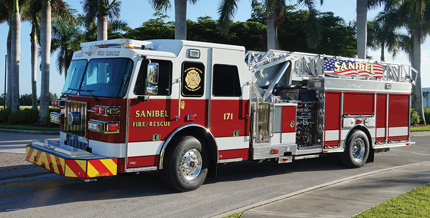 Sutphen—Sanibel (FL) Fire Rescue SL75 aerial ladder quint. Custom cab and chassis; Cummins L9 450-hp engine; H75-foot aerial ladder; Hale Qmax 2,000-gpm pump; UPF Poly 500-gallon tank; Harrison 8-kW generator. Dealer: David Stonitsch, South Florida Emergency Vehicles, Ft. Myers, FL.