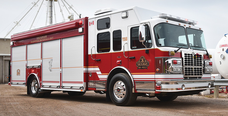 SVI—Vaughn, Ontario, Fire Department hazmat unit. Spartan Metro Star LFD with 20-inch raised roof cab and chassis; Cummins L9 380-hp engine; walk-around heavy-duty 22-foot rescue body; Command Light KL450A-LF light tower; Onan 12-kW generator; four rooftop storage compartments; Western Mule telescopic boom crane; OnScene aluminum heavy duty cargo slides. Dealer: Safetek Emergency Vehicles, Mississauga, Ontario.