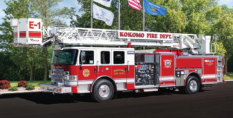 Pierce—Kokomo (IN) Fire Department, 110-foot Ascendant aerial platform quint. Enforcer cab and chassis; Detroit DD13 525-hp engine; Waterous CSU 2,000-gpm pump; UPF Poly 500-gallon tank; 20-gallon foam cell; Pierce Husky 3 Class A foam system; Harrison 6-kW generator. Dealer: Garry Davis, Global Emergency Products, Whitestown, IN.