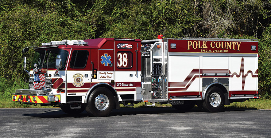 E-ONE—Polk County (FL) Fire-Rescue special operations pumper. Typhoon X long cab with barrier style doors cab and chassis; Cummins ISL 450-hp engine; eMAX 1,500-gpm pump; UPF Poly 750-gallon tank; 30-gallon foam cell; FoamPro 1600 single-agent foam system; ROM electric door locks; Safety Vision side-view and rear-view camera system; Will-Burt light tower with Fire Tech light heads. Dealer: Ron Wilson, Hall-Mark RTC, Ocala, FL.