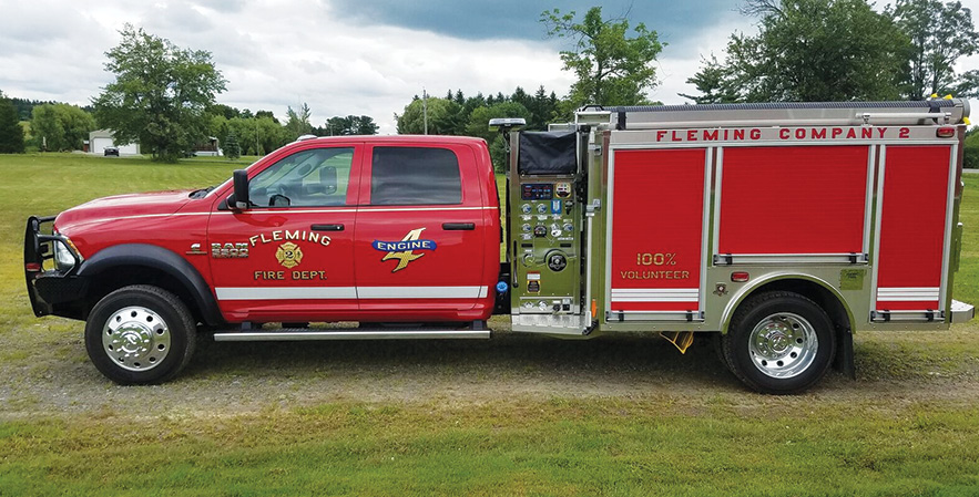 HME/Ahrens-Fox—Fleming Fire Department Company 2, Auburn, NY, mini pumper. Dodge Ram 5500 4x4 Crew Cab XL and chassis; Cummins 6.7L I-6 OHV 325-hp engine; Hale DSD 1,500-gpm pump; UPF Poly 300-gallon tank; 15-gallon foam cell; FRC 2.6 Class A foam system. Dealer: Mark Aswad, Firehouse Apparatus Inc., Locke, NY.