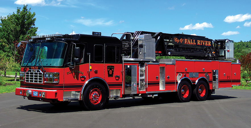 Ferrara—Fall River (MA) Fire Department HD-85 mid-mount platform. Inferno cab and chassis; Cummins ISX15 500-hp engine; Honda 5-kW generator; extruded aluminum body; 6,000-psi breathing air system; Akron Elevated Master Stream monitor; 500-lb. rappelling arm. Dealer: Bill Middlemiss, Specialty Vehicles Inc., North Attleboro, MA.