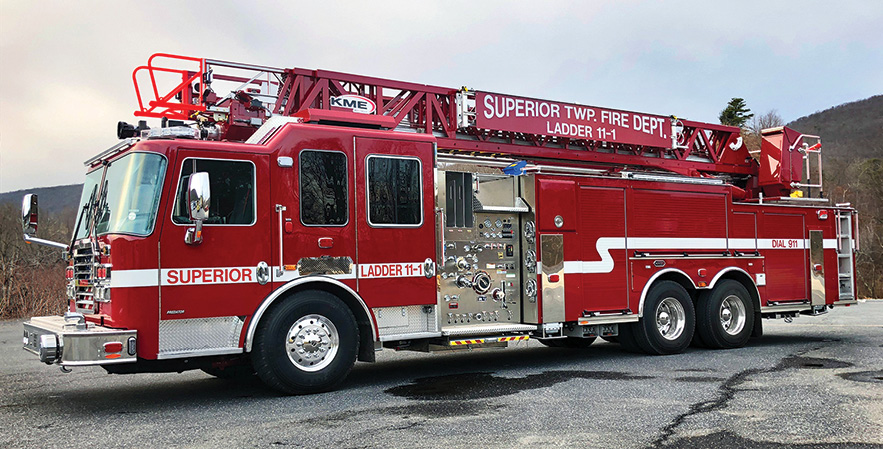 KME—Superior Charter Township (MI) Fire Department 103-foot AerialCat™ rear-mount aerial ladder quint. Predator MFD cab with 10-inch raised roof and chassis; Cummins ISX15 565-hp engine; Hendrickson Firemaax air ride suspension; Waterous CSYC20 2,000-gpm pump; UPF Poly 500-gallon tank; Continental 360-degree camera system; two sets of H-style outriggers with 12-foot stance. Dealer: Chris Payette, Payette Sales and Service, Grosse Ile, MI.