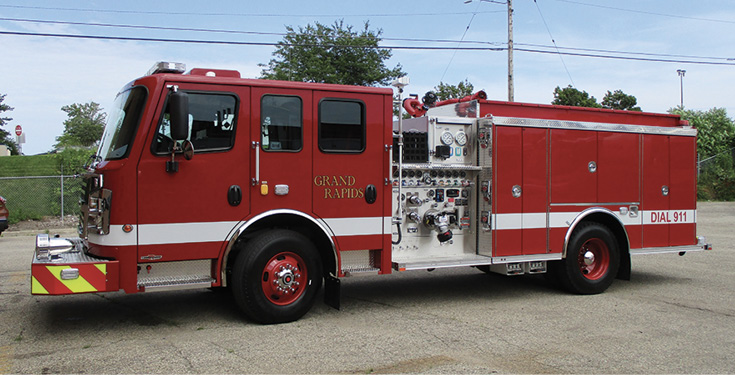 Rosenbauer—Grand Rapids (MI) Fire Department pumpers (2). Commander 3000 cabs and chassis; Cummins ISL9 400-hp engines; Waterous CSUC20 1,500-gpm pumps; 750-gallon polypropylene tanks; 30-gallon foam cells; FoamPro 1600 Class A foam systems. Dealer: Bill Sedlacek, Emergency Vehicles Plus, Holland, MI.