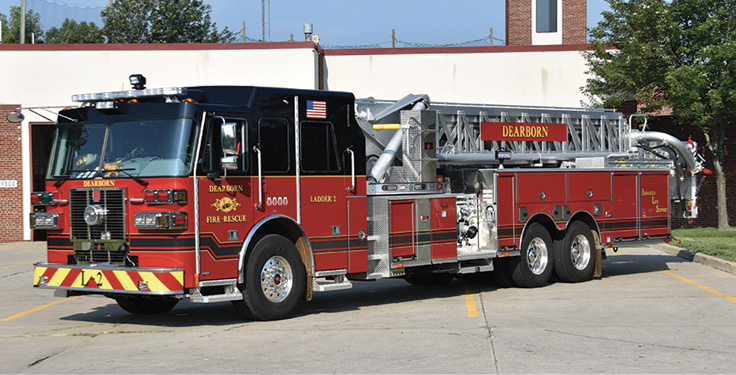 Sutphen—Dearborn (MI) Fire Department aerial platform quint. Monarch heavy duty 73-inch cab and chassis; Cummins ISX12 500-hp engine; Hale Qmax 1,500-gpm pump; Pro Poly 500-gallon polypropylene tank; 95-foot aerial platform; Smart Power 6-kW generator. Dealer: David R. Desrochers, Apollo Fire Equipment Company, Romeo, MI.