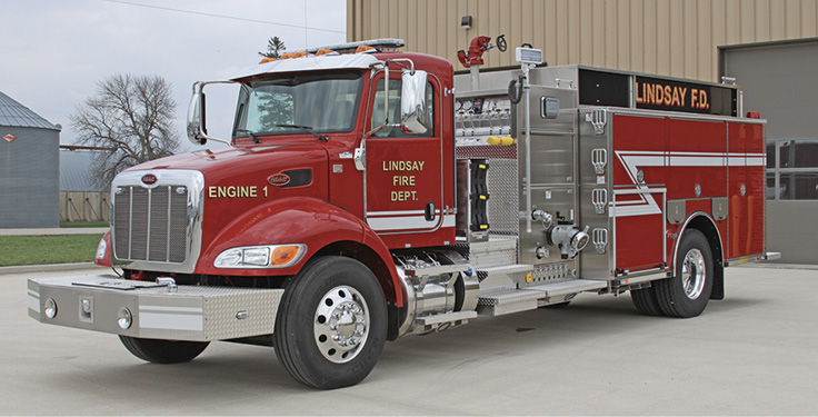 Toyne—Lindsay (NE) Fire Department pumper. Peterbilt 348 cab and chassis, Paccar PX9 380-hp engine; Waterous CSPA 1,250-gpm PTO pump; UPF Poly 1,200-gallon tank; 20-gallon foam cell; FoamPro 1600 Class A foam system; Akron Apollo monitor. Dealer: Joe Moller, Toyne, Inc., Breda, IA.