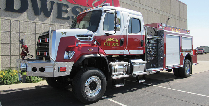 Midwest Fire—Kanosh (UT) Fire Department, pumper-tanker. Freightliner 108SD cab and chassis; Cummins L9 400-hp engine; Hale MBP 750-gpm PTO pump; APR 2,000-gallon polypropylene tank; 3 Newton 10-inch square dump valves with telescoping chutes; All-Poly™ construction; RearView safety camera; Elkhart Sidewinder electric monitor. Dealer: Jeff Bowen, Midwest fire, Luverne, MN.