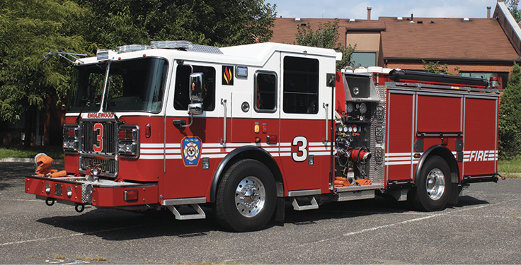 Seagrave—Englewood (NJ) Fire Department pumper. Marauder stainless steel tilt cab and chassis; Cummins L9 450-hp engine; Waterous CSU 1,750-gpm pump; Pro Poly 750-gallon polypropylene tank. Dealer: Wayne Lyons, Emergency Equipment Sales, Ewing, NJ.