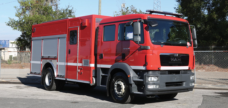 E-ONE built two of these CBRNE response vehicles for a Chinese customer on a MAN cab over chassis powered by a Mercedes 270-hp engine. (Photos 1-2 courtesy of E-ONE.)