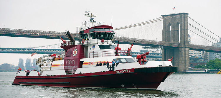 The FDNY’s Firefighter II, also a 140-footer, has the same CBRNE filtration system, air locks and decontamination corridors as the Three Forty Three. 