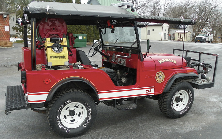 On the roster in Hamlin, New York, is this 1973 Jeep CJ-5 grass fire truck equipped with a 200-gallon-per-minute (gpm) pump, 120-gallon tank, reel, grass fire brooms, extinguishers, and Class A foam. (Photos 1 and 2 courtesy of Allan Smith.)