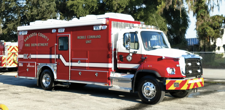 E-ONE built this command truck for the Sarasota (FL) Fire Department on a Freightliner 114 D chassis with a 22-foot body. (Photos 1-5 courtesy of E-ONE.) 