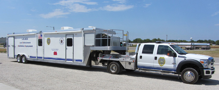 Unruh Fire built this 36-foot command trailer on a gooseneck that’s pulled by a Ford F-550 for the Newton (KS) Police Department. (Photos 12-13 courtesy of Unruh Fire.)  