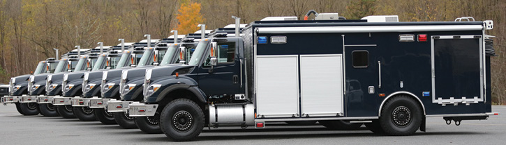 KME built eight command trucks for the U.S. Navy’s Explosive Ordnance Disposal units on International 7400 commercial chassis with Super Single split-rim wheels and tires. (Photo 14 courtesy of KME.)