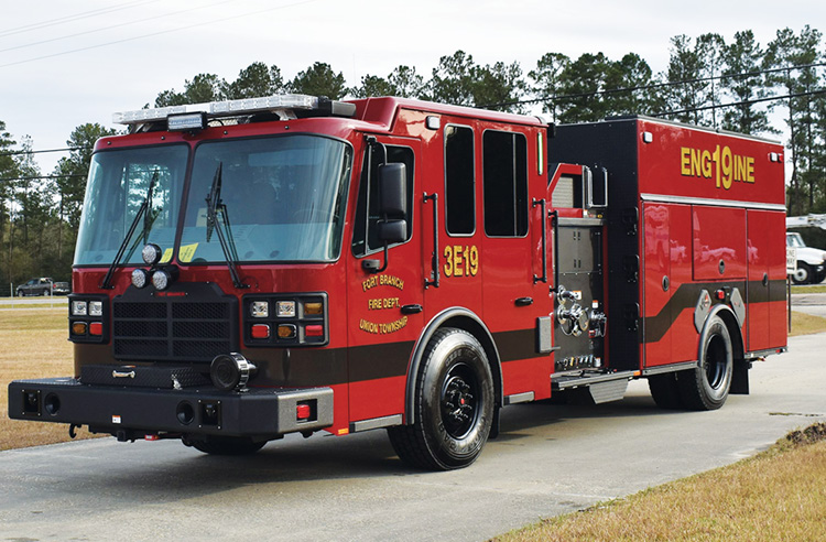 Ferrara—Fort Branch/Union Township (IN) Fire Department pumper. Cinder cab and chassis; Cummins ISL9 450-hp engine; Waterous CSU 1,750-gpm pump; 750-gallon polypropylene tank; Whelen scene lights. Dealer: Jarrod Brown, Mid America Fire & Safety, Evansville, IN.