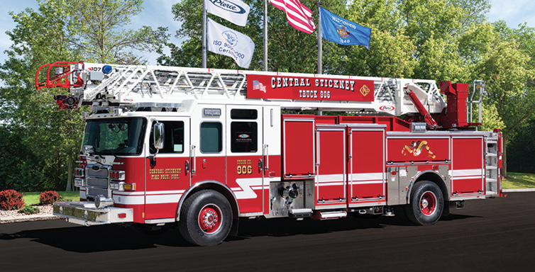 Pierce—Central Stickney Fire Protection District, Stickney Township, IL. 107-foot Ascendant PUC quint. Enforcer cab and chassis; Cummins L9 450-hp engine; Pierce 1,500-gpm single-stage pump; UPF Poly 500-gallon tank; Harrison 8-kW generator. Dealer: Vince Baudek, Global Emergency Products, Aurora, IL.