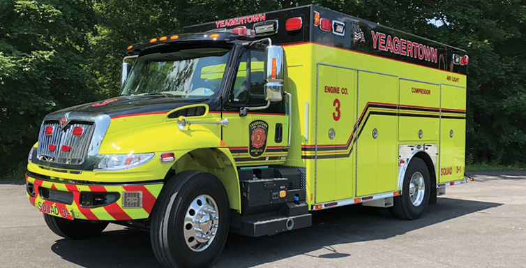 E-ONE—Yeagertown (PA) Fire Company air and light unit. International 4400 cab and chassis; Cummins L9 350-hp engine; 18-foot combination walk-in/walk-around rescue body length; Will-Burt Night Scan Chief NS2.3-600-watt Whelen LED lightheads; four-bottle 6,000-psi cascade system; Bauer 6,000PSI BP13H-E3 compressor with Auto Fill; 2 SpaceSaver M2792 2-bottle fill stations. Dealer: Mike Jamison, Fire Line Equipment, New Holland, PA.