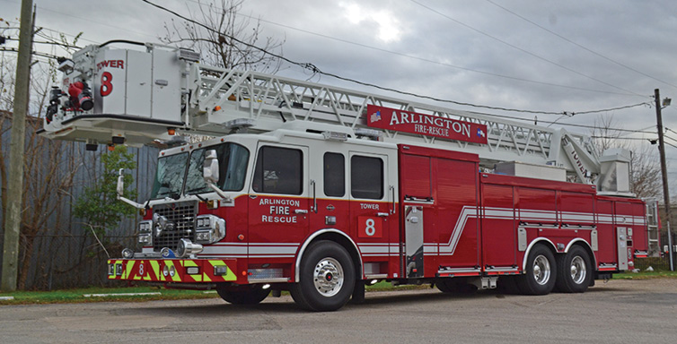 Spartan ER—Arlington (TX) Fire/Rescue, 100-foot aerial platform. Gladiator EMFD cab and chassis; Cummins X15 565-hp engine; Waterous CPK2 300-gpm PTO pump; Pro Poly 300-gallon polypropylene tank. Dealer: Scott Gibbs, Metro Fire Apparatus Specialists, Houston, TX.