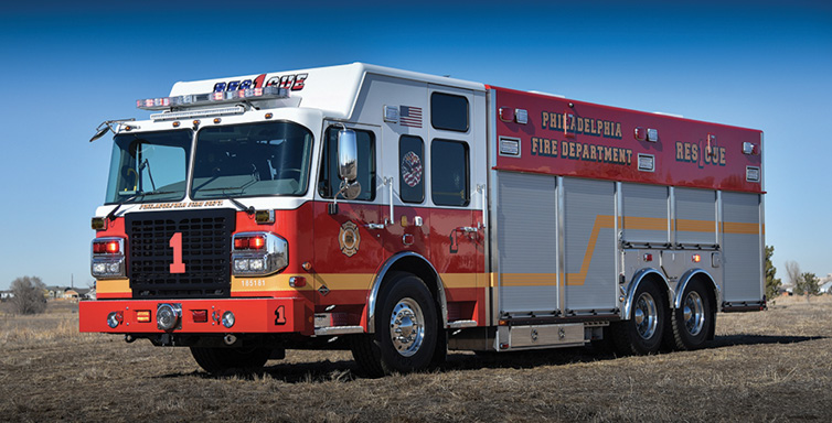 SVI Trucks—Philadelphia (PA) Fire Department heavy rescue. Spartan Gladiator EFMD cab and chassis; Cummins X15 500-hp engine; 24-foot walk-in rescue body; Onan 30-kW generator; Onan 30-kW generator; Western Mule telescopic boom crane; OnScene aluminum heavy-duty cargo slides; Firecom intercom system with eight headsets; six high-angle rescue anchor points. Dealer: Campbell Supply Company, South Brunswick, NJ.