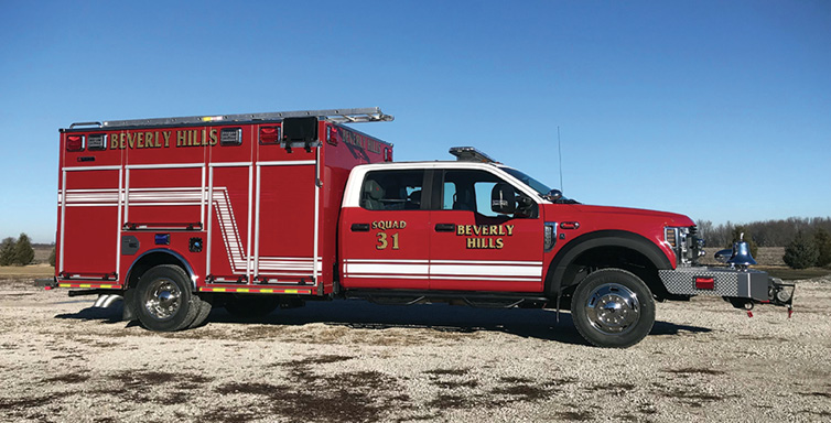 Alexis—Beverly Hills (MI) Public Safety mini pumper. Ford F-550 XL four-door 4x4 cab and chassis; Ford 6.7L V8 330-hp engine; heavy-duty stainless-steel body and sub-frame; Hale DSD 1,250-gpm pump; 300-gallon polypropylene tank; Audiovox back-up camera system; Whelen LED scene and warning lights  package. Dealer: Alexis Fire Equipment, Alexis, IL.