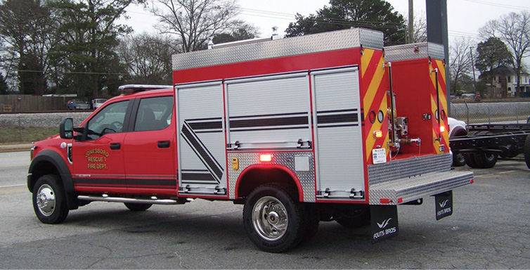 Fouts Bros.—Jonesboro (LA) Fire Protection District 1 mini pumper. Ford F-550 Crew Cab and chassis; Ford 300-hp engine; Darley 2BE18V375-gpm pump; UPF Poly 300-gallon tank; Dealer: Junior Ingram, Fouts Bros., Smyrna, GA.