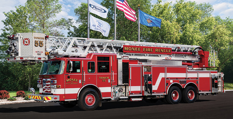 Pierce—Monee (IL) Fire Protection District platform quint. Arrow-XT cab and chassis; Detroit DD13 525-hp engine; Pierce PUC 1,500-gpm single-stage pump; UPF Poly 400-gallon tank; Harrison 10-kW generator. Dealer: Vince Baudek, Global Emergency Products, Aurora, IL.