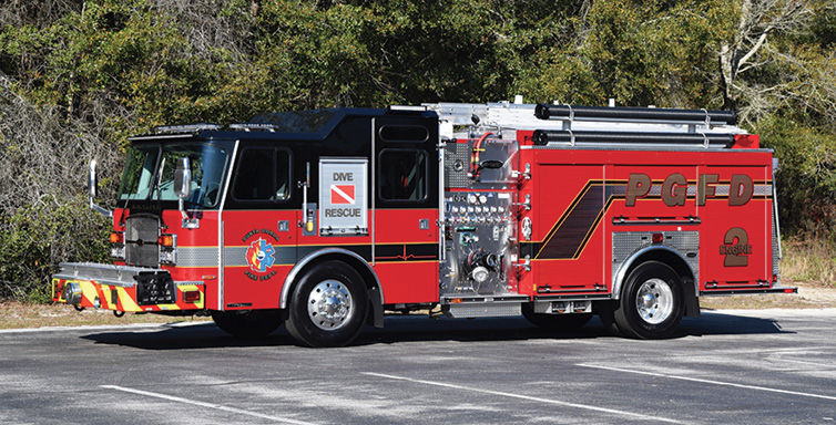 E-ONE—Punta Gorda (FL) Fire Department pumper. Typhoon cab and chassis; Cummins L9 350-hp engine; Hale Qflo 1,250-gpm pump; UPF Poly 780-gallon tank; driver and officer side EMS compartments; E-ONE designed two-arm ladder rack; Akron Apollo hi-riser deck gun. Dealer: Steve Kern, Hall-Mark RTC, Ocala, FL.