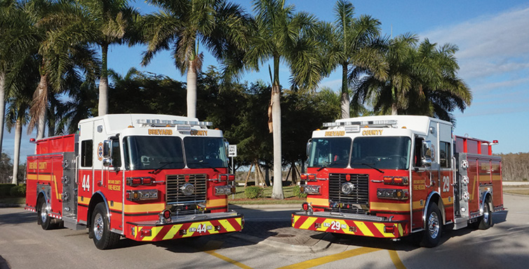 Sutphen—Brevard County Fire Rescue, Rockledge, FL, pumpers (2). Monarch cabs and chassis; Cummins L9 450-hp engines; Hale Qmax 2,000-gpm pumps; UPF Poly 1,000-gallon tanks; 20-gallon foam cells; FoamPro 2002 5.0-gpm foam systems; 5-inch front intakes; aluminum hose bed covers. Dealer: Guy Lombardo, South Florida Emergency Vehicles, Fort Myers, FL.