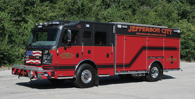 Rosenbauer—Jefferson City (MO) Fire Department EXT rear-mount pumpers (3). Commander 65-inch cab and chassis; Cummins L9 450-hp engines; Waterous S100D/C20 1,500-gpm pumps; Pro Poly 750-gallon polypropylene tanks; 40-gallon foam cells; Elkhart ELK 240P-125 foam eductor systems; TFT Y4E11A Monsoon wireless remote controlled 2,000-gpm monitors; Pro Vision scene camera systems. Dealer: Brian Franz, Sentinel Emergency Solutions, Arnold, MO.