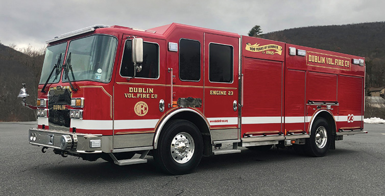 KME—Dublin (PA) Volunteer Fire Company pumper. Predator MFD cab and chassis; Cummins L9 450-hp engine; Waterous CSU 1,750-gpm pump; UPF Poly 1,000-gallon tank; Harrison 6-kW generator. Dealer: Bob Miller, KME PA.